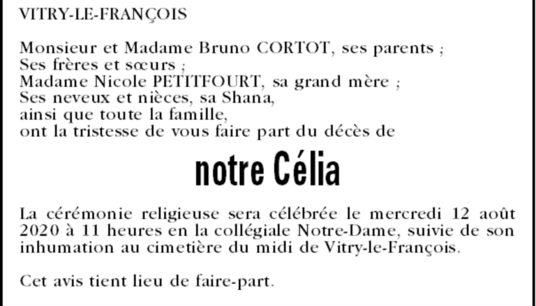 Décès de Mademoiselle Célia CORTOT (07-08-20), Annonce nécrologique