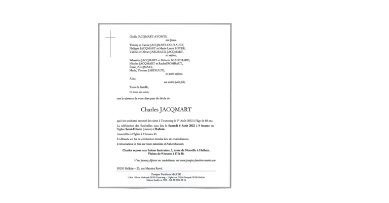Avis de décès Pompes Funèbres Menet à Halluin